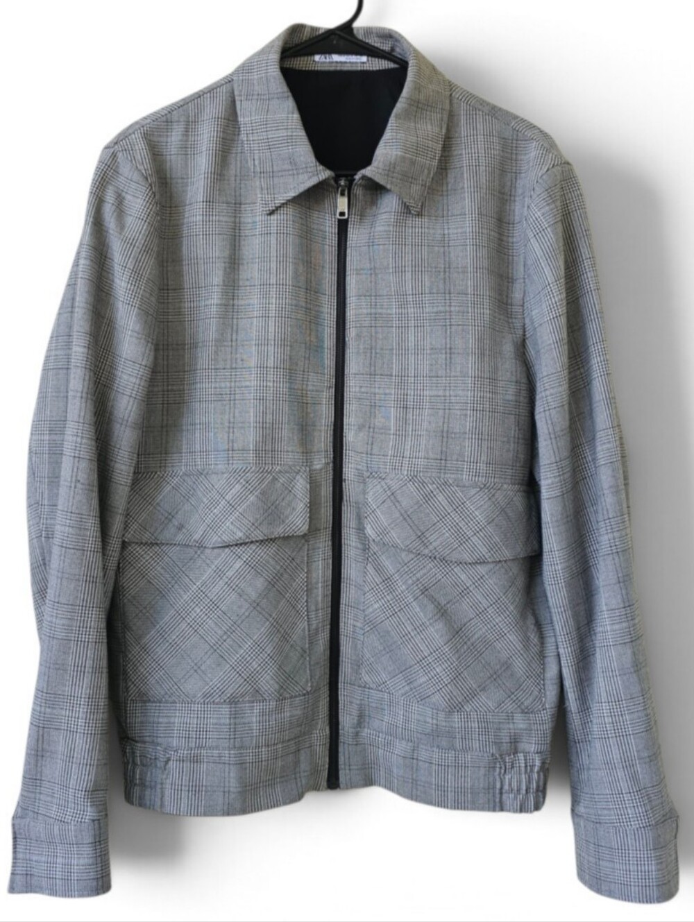 Zara Mens 4 Way Stretch Grey And Black Plaid Full Zip Bomber Jacket Size M